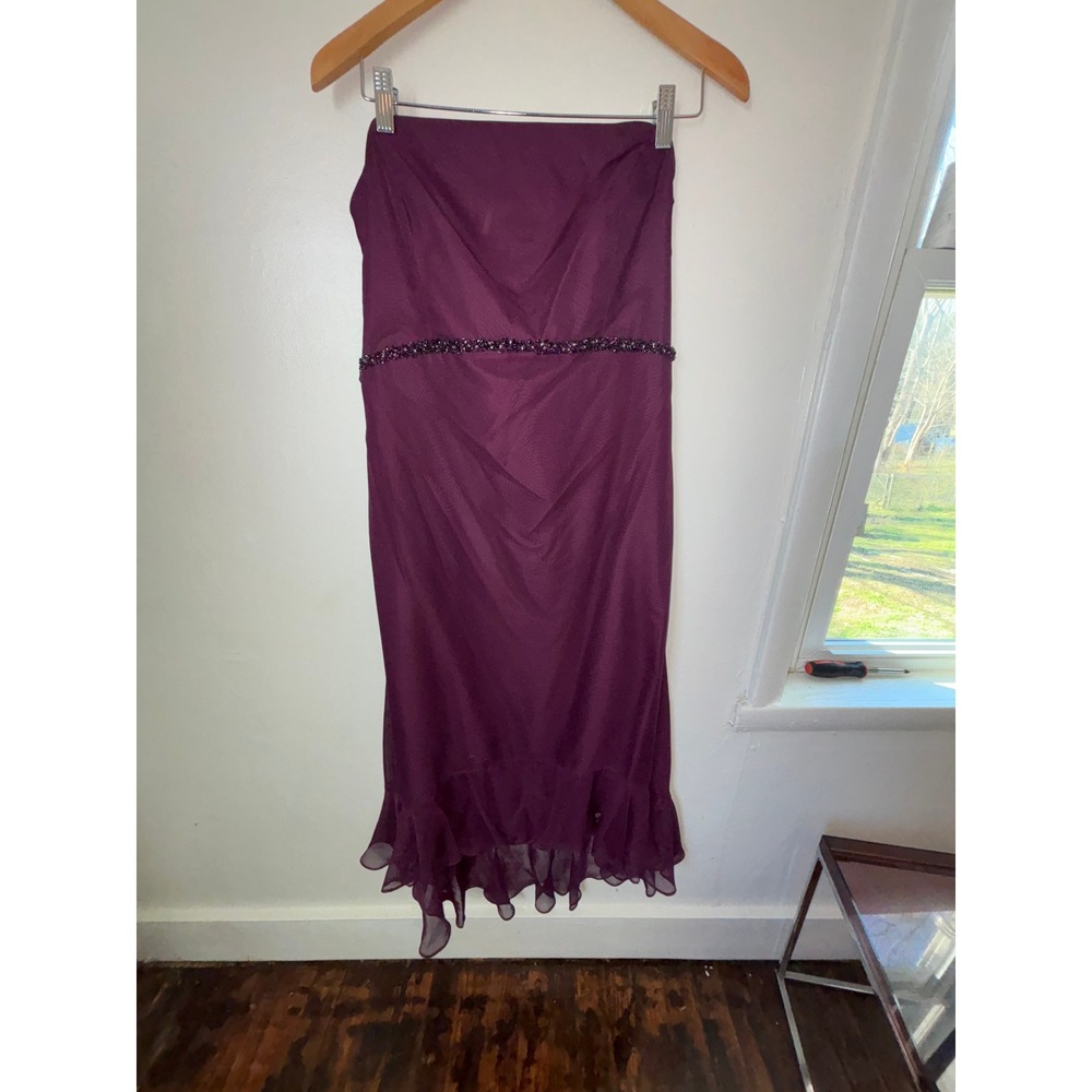 Vintage Deadstock Y2K Bridesmaid Dress Eggplant Beaded Strapless Ruffle Sz 14 - Picture 2 of 13